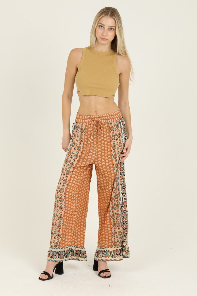 RUFFLE HEM WIDE LEG PANTS - HONEY