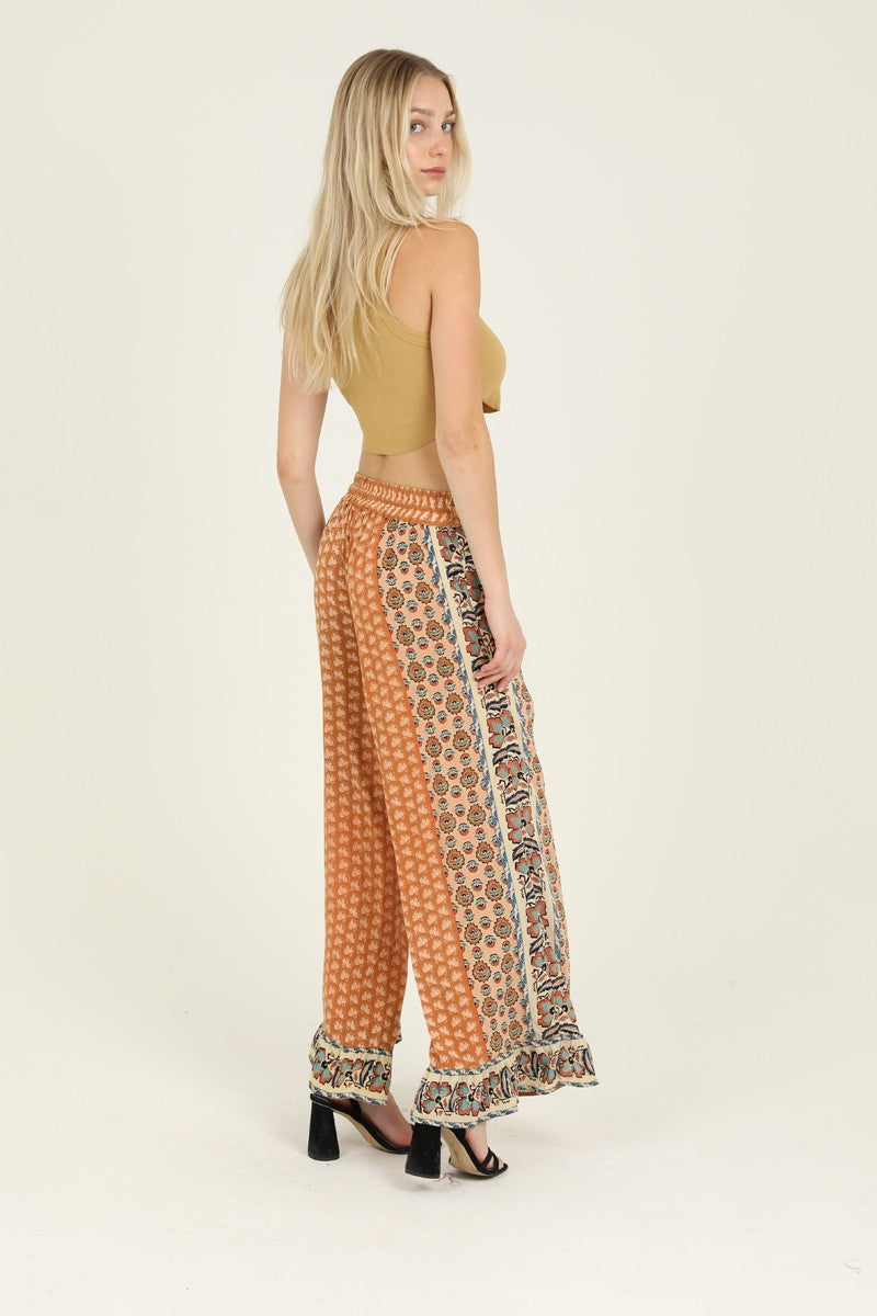 RUFFLE HEM WIDE LEG PANTS - HONEY