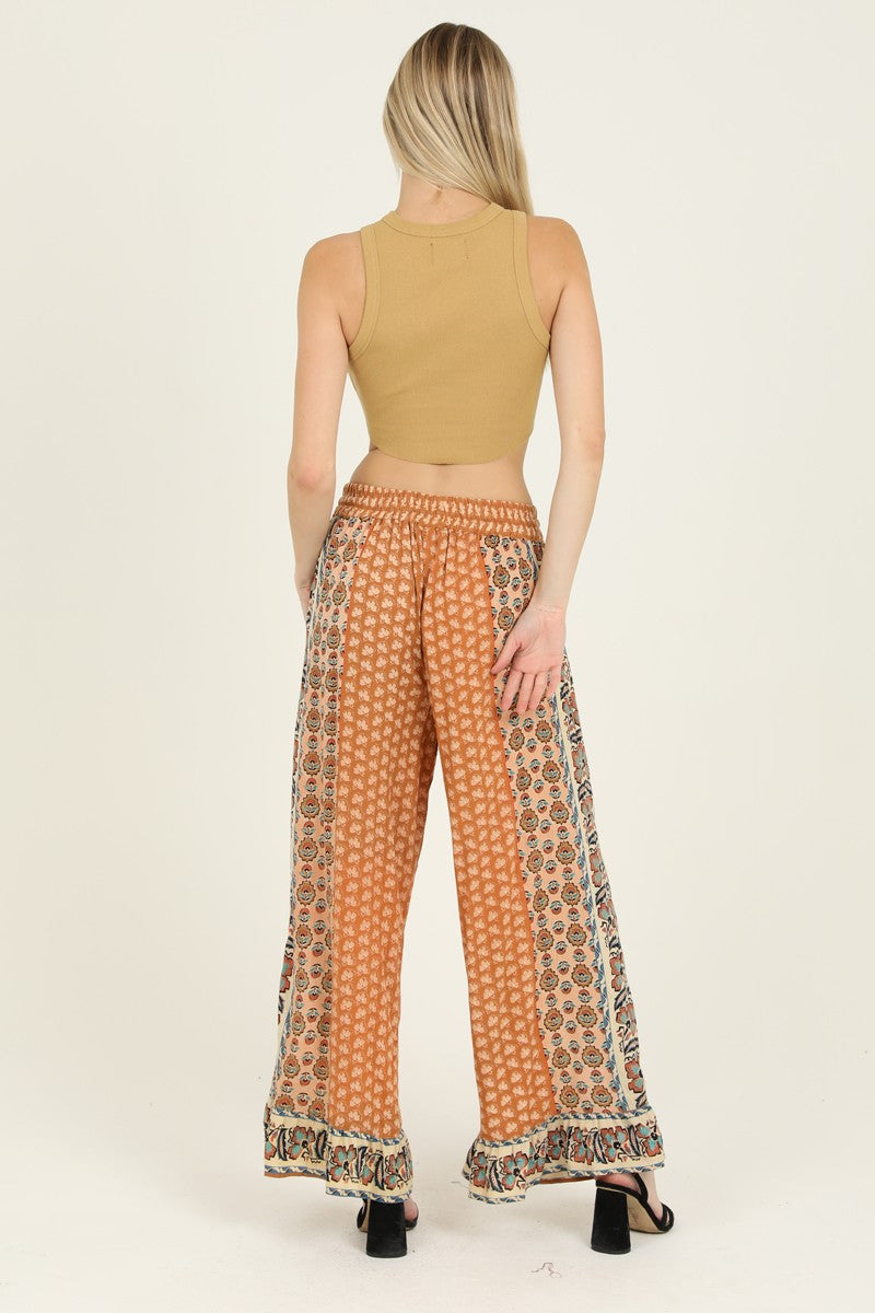 RUFFLE HEM WIDE LEG PANTS - HONEY