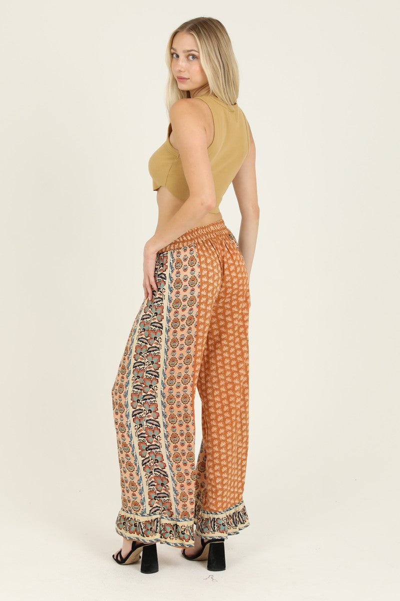 RUFFLE HEM WIDE LEG PANTS - HONEY