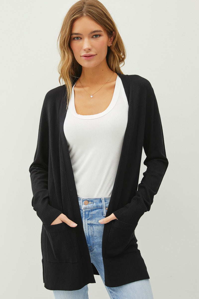 ESSENTIAL OPEN FRONT CARDIGAN - BLACK