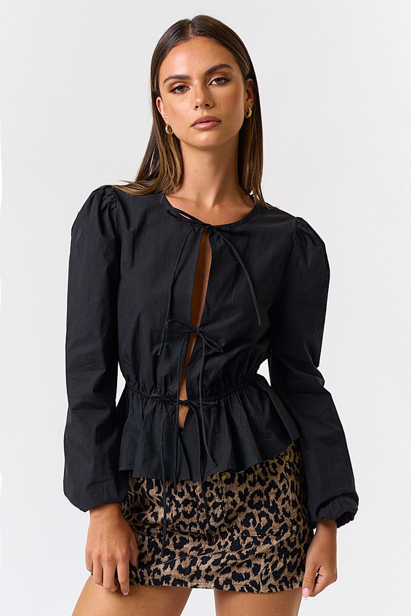 BUBBLE SLEEVE FRONT TIE TOP - BLACK