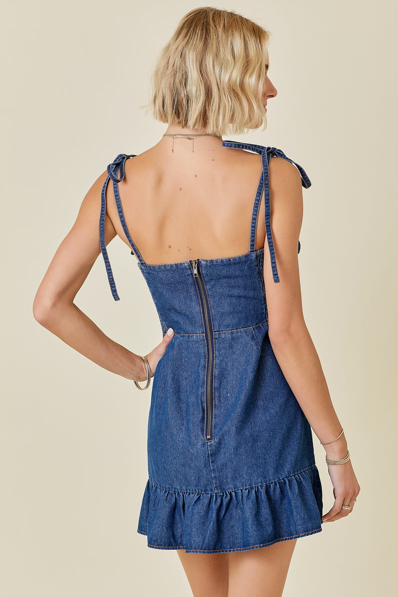 TIE STRAP DENIM MINI DRESS  - MED DENIM