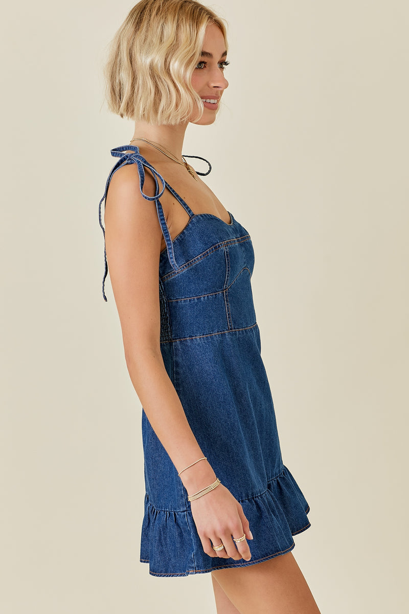 TIE STRAP DENIM MINI DRESS  - MED DENIM