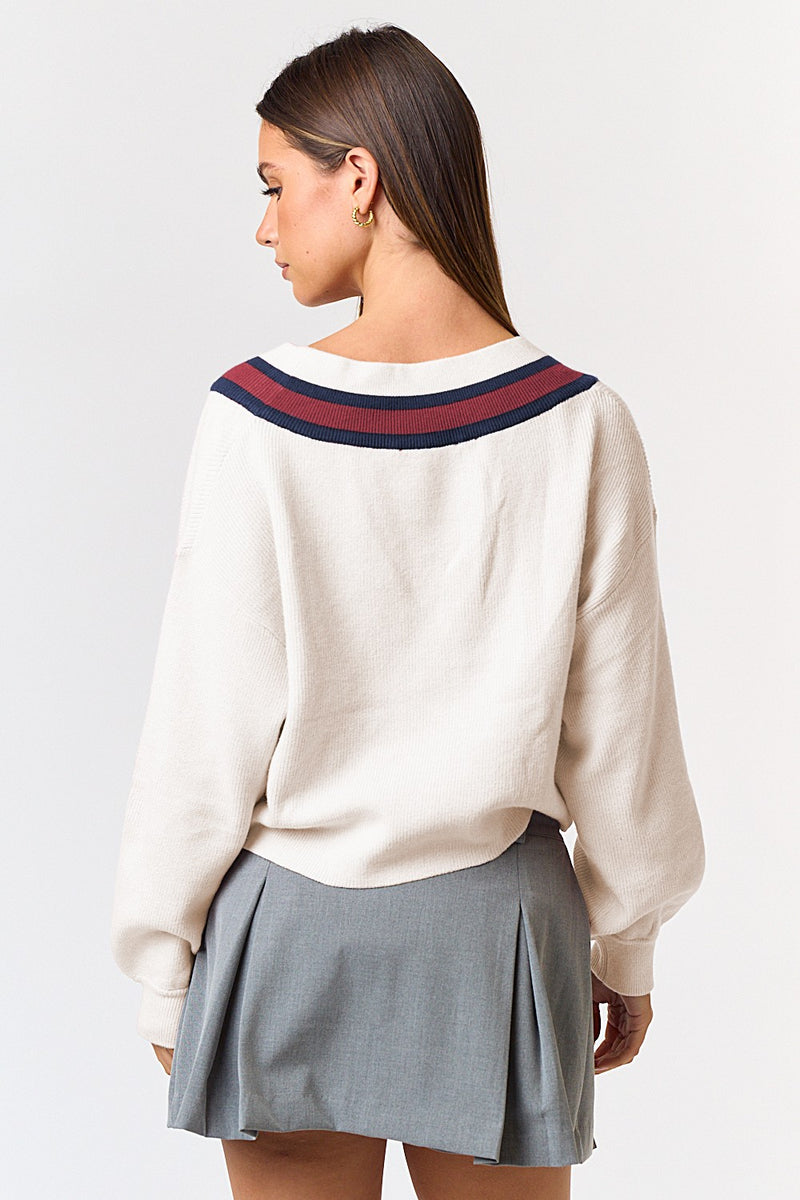 CONTRAST V-NECK CROP SWEATER - OFF WHITE