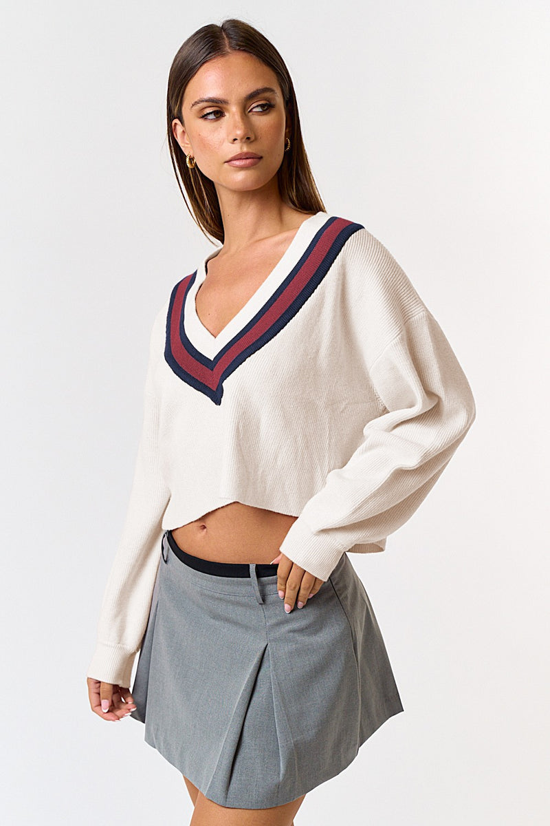 CONTRAST V-NECK CROP SWEATER - OFF WHITE