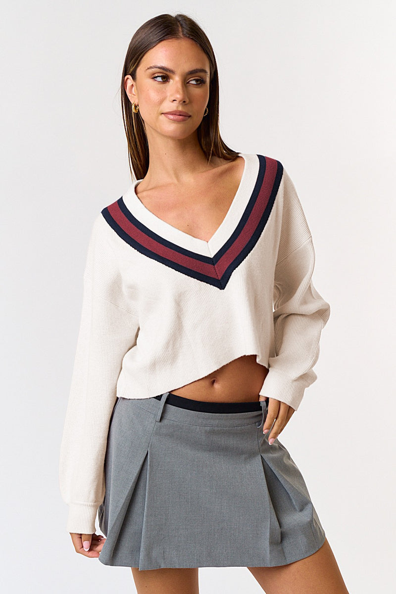 CONTRAST V-NECK CROP SWEATER - OFF WHITE