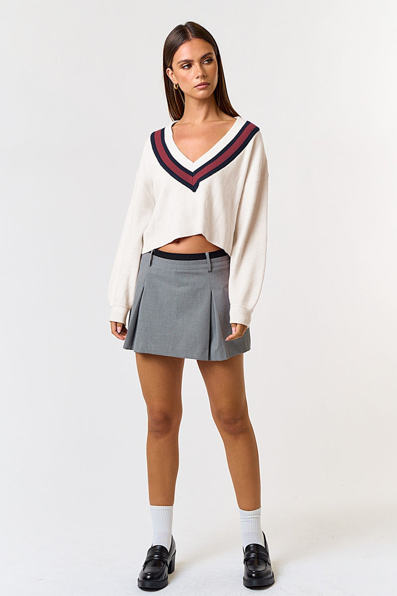 CONTRAST V-NECK CROP SWEATER - OFF WHITE