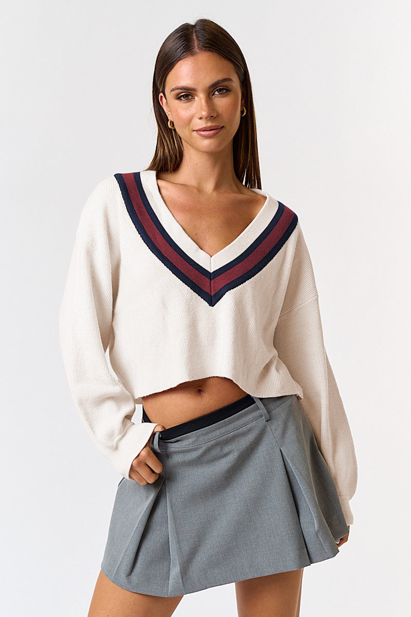 CONTRAST V-NECK CROP SWEATER - OFF WHITE