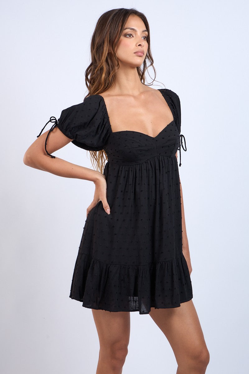 PUFF SLEEVE TIE MINI DRESS - BLACK