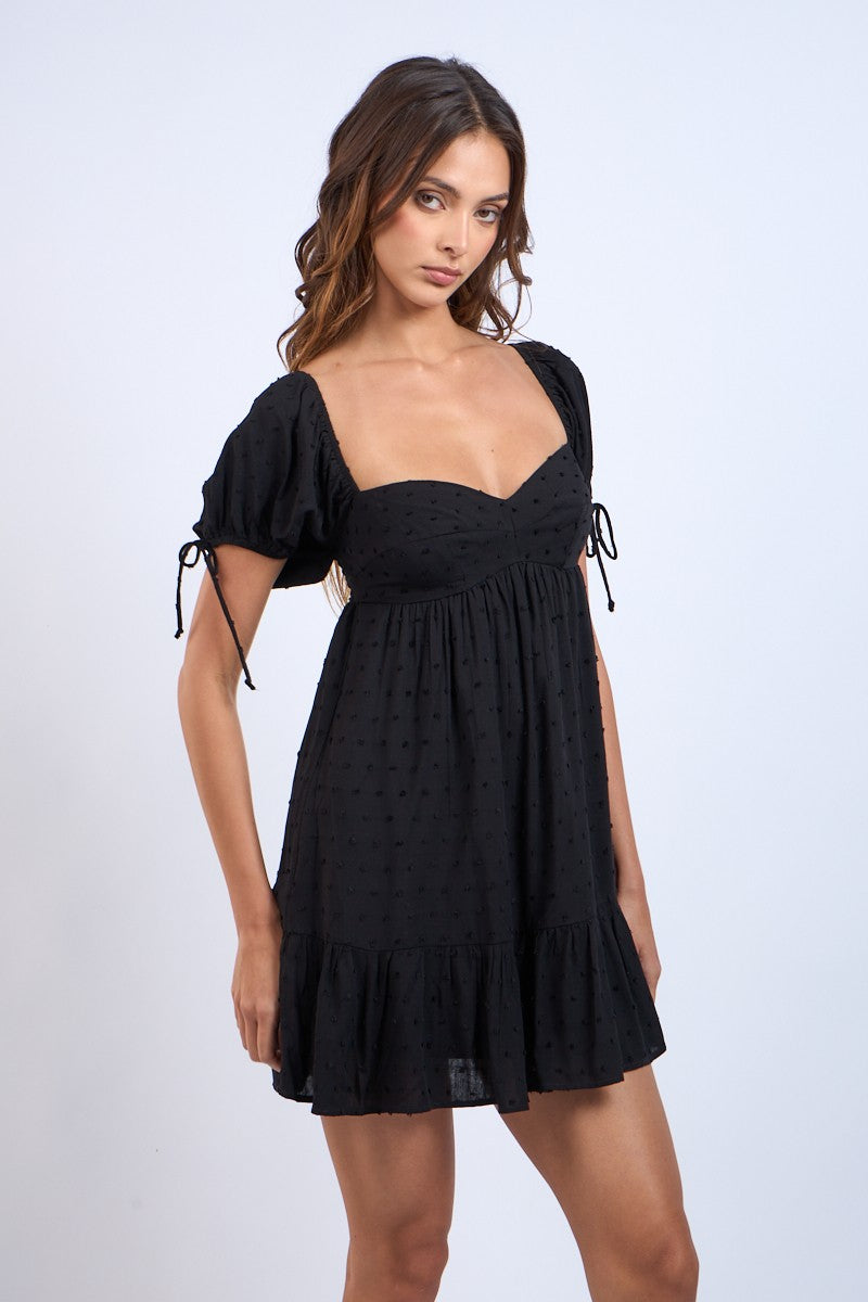 PUFF SLEEVE TIE MINI DRESS - BLACK