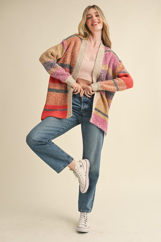 OVERSIZED COLOR BLOACK CARDIGAN -  FUSCHIA-MUSTARD MULTI