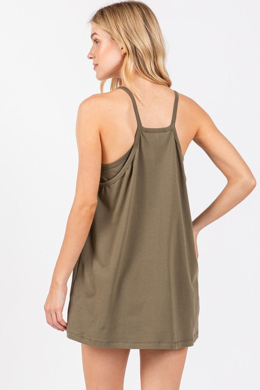 FRONT PATCH POCKET MINI DRESS - DUSTY OLIVE