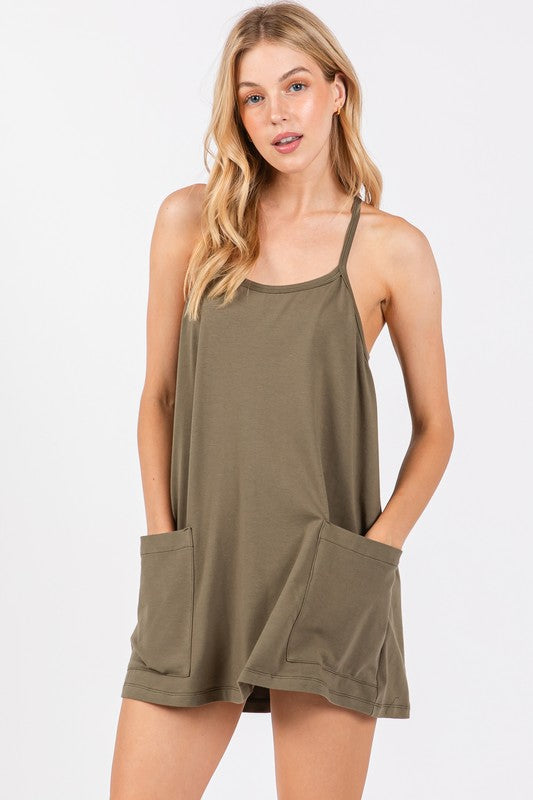 FRONT PATCH POCKET MINI DRESS - DUSTY OLIVE