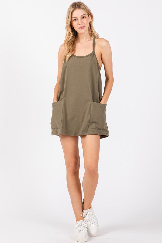 FRONT PATCH POCKET MINI DRESS - DUSTY OLIVE