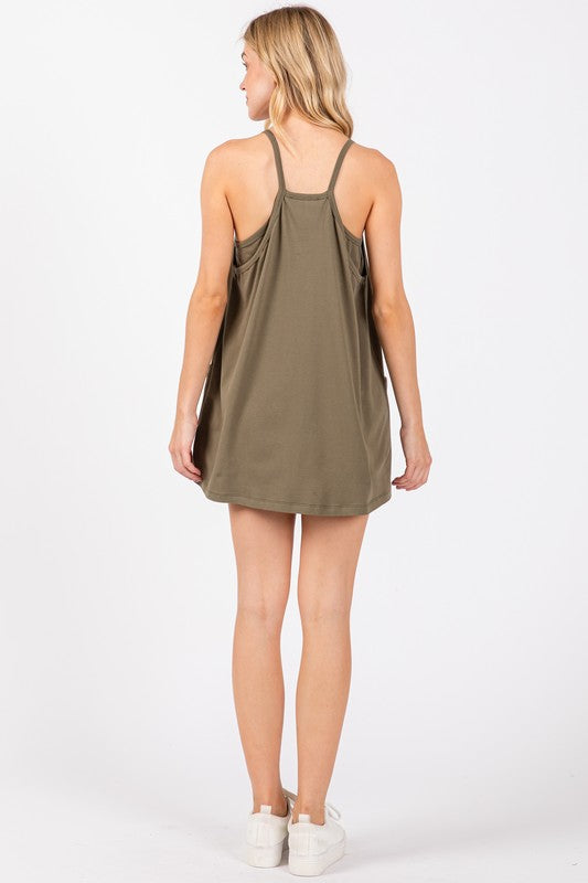 FRONT PATCH POCKET MINI DRESS - DUSTY OLIVE