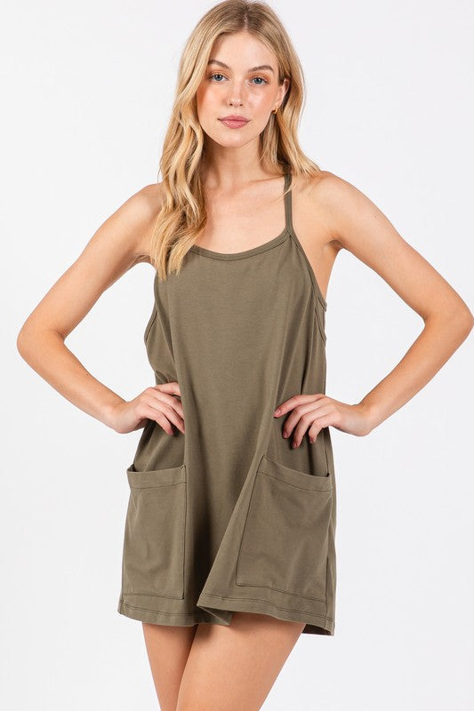 FRONT PATCH POCKET MINI DRESS - DUSTY OLIVE