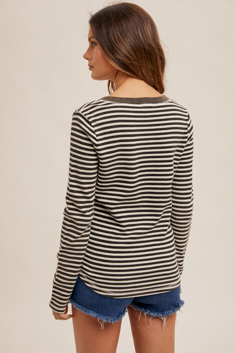 STRIPED HENLEY TOP - BLACK