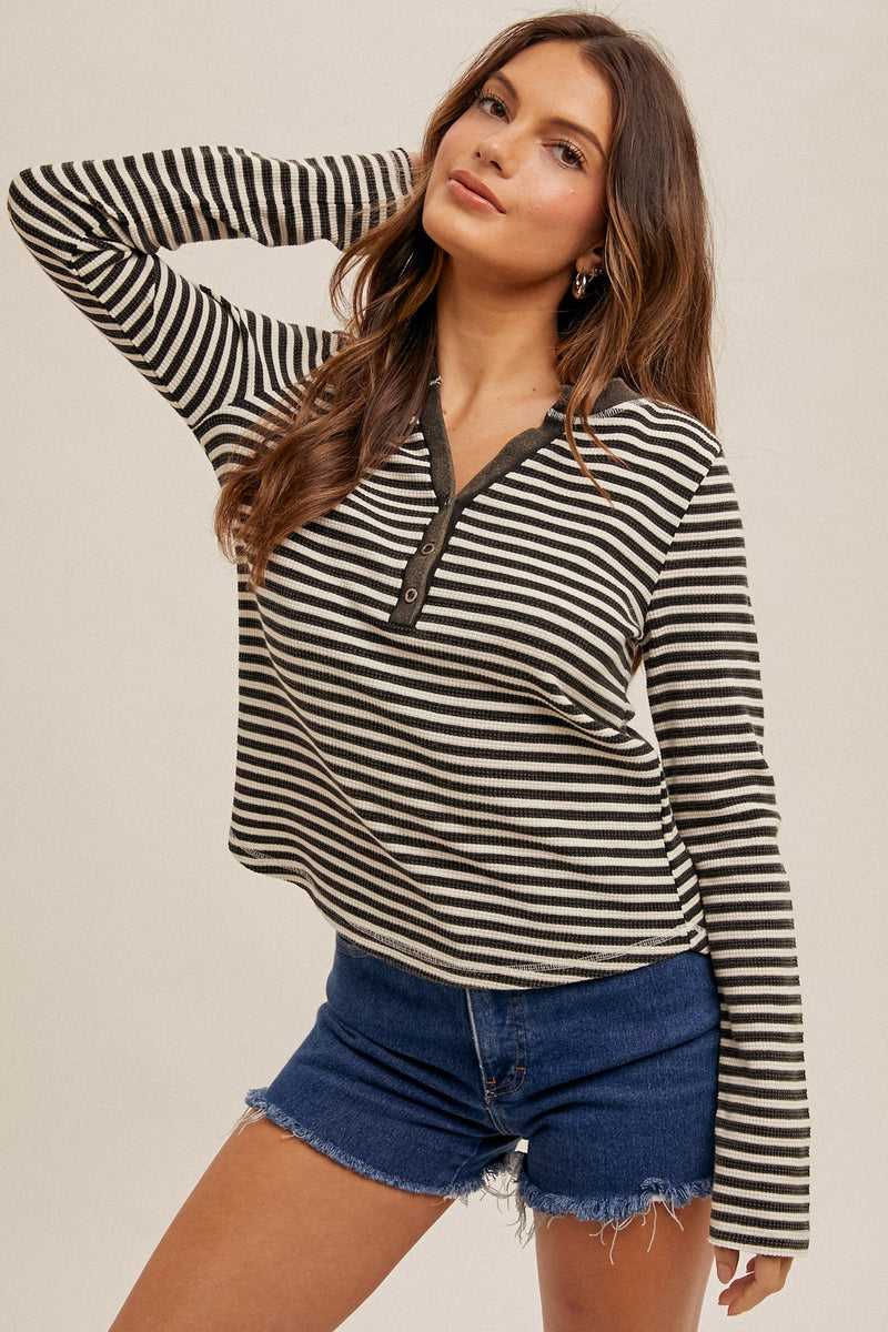 STRIPED HENLEY TOP - BLACK