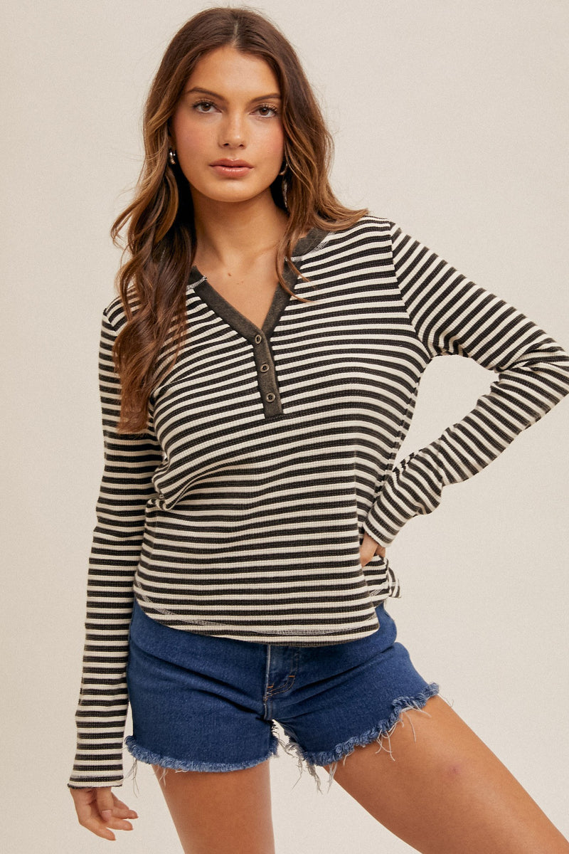 STRIPED HENLEY TOP - BLACK