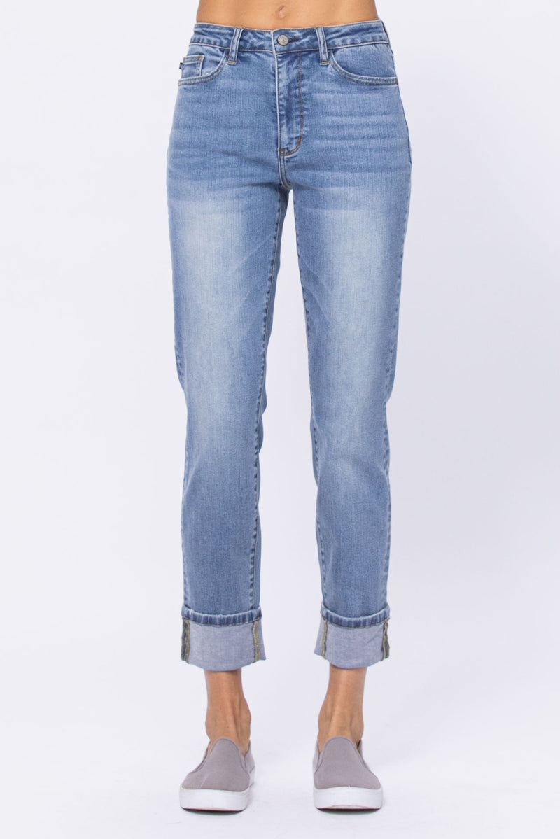 HIGH WAISTED BOYFRIEND JEANS - MED BLUE