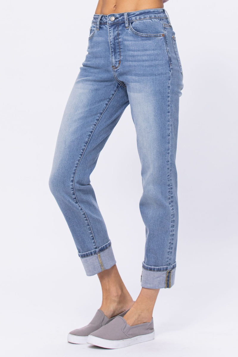 HIGH WAISTED BOYFRIEND JEANS - MED BLUE