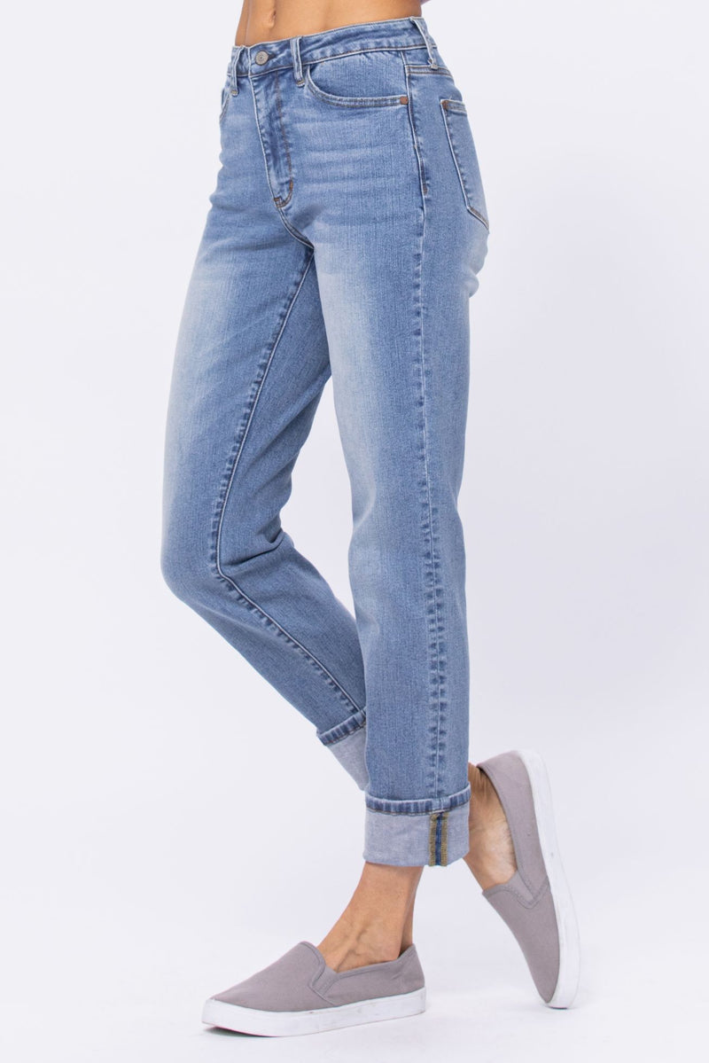 HIGH WAISTED BOYFRIEND JEANS - MED BLUE