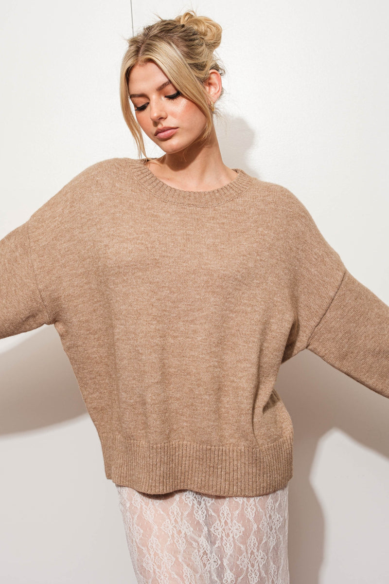 OVERSIZED BASIC KNIT SWEATER - MOCHA