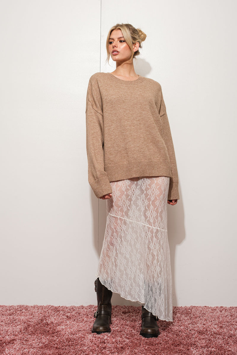 OVERSIZED BASIC KNIT SWEATER - MOCHA