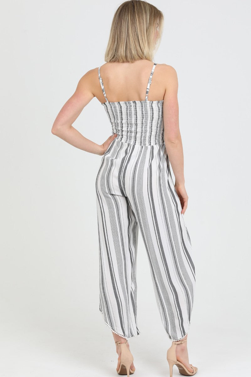 SMOCKED BODICE WRAP LEG JUMPSUIT - BLACK/WHITE