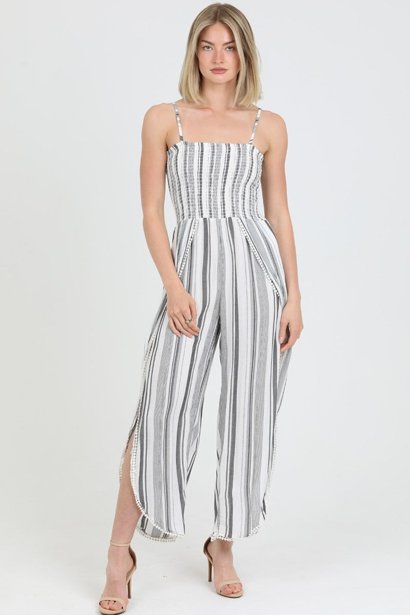 SMOCKED BODICE WRAP LEG JUMPSUIT - BLACK/WHITE