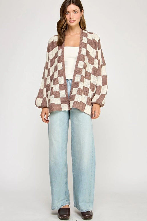 CHECKERED DROPPED SHOULDER CARDIGAN - WHITE/MINK