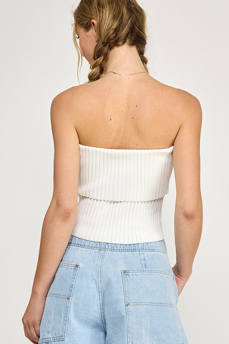 RIBBED KNIT BANDEAU TOP - WHITE