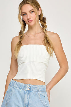 RIBBED KNIT BANDEAU TOP - WHITE