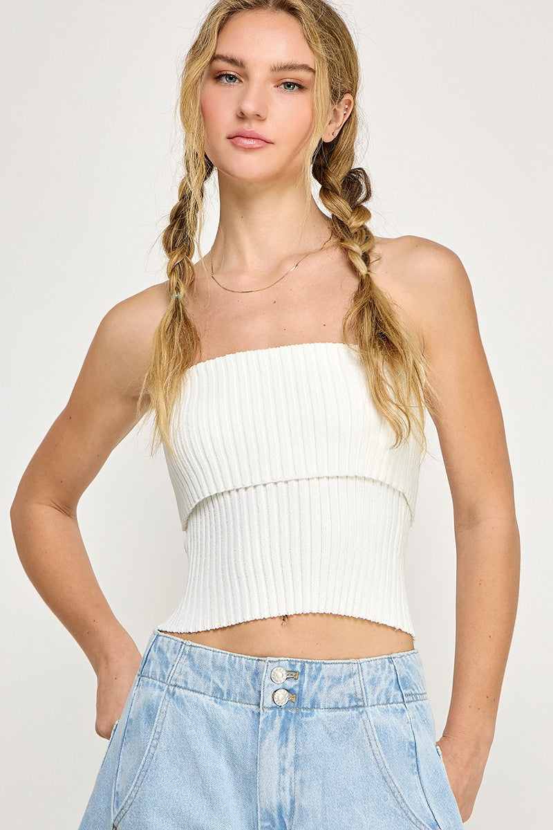 RIBBED KNIT BANDEAU TOP - WHITE