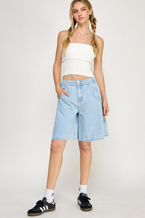 RIBBED KNIT BANDEAU TOP - WHITE