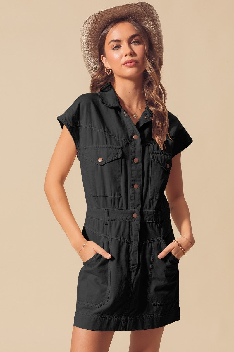 SNAP FRONT UTILITY DRESS - BLACK