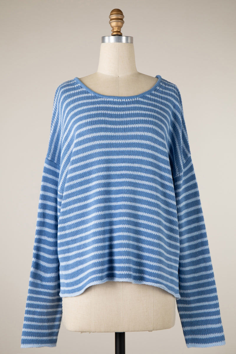 STRIPED ROUND NECK SWEATER - BLUE/GREY