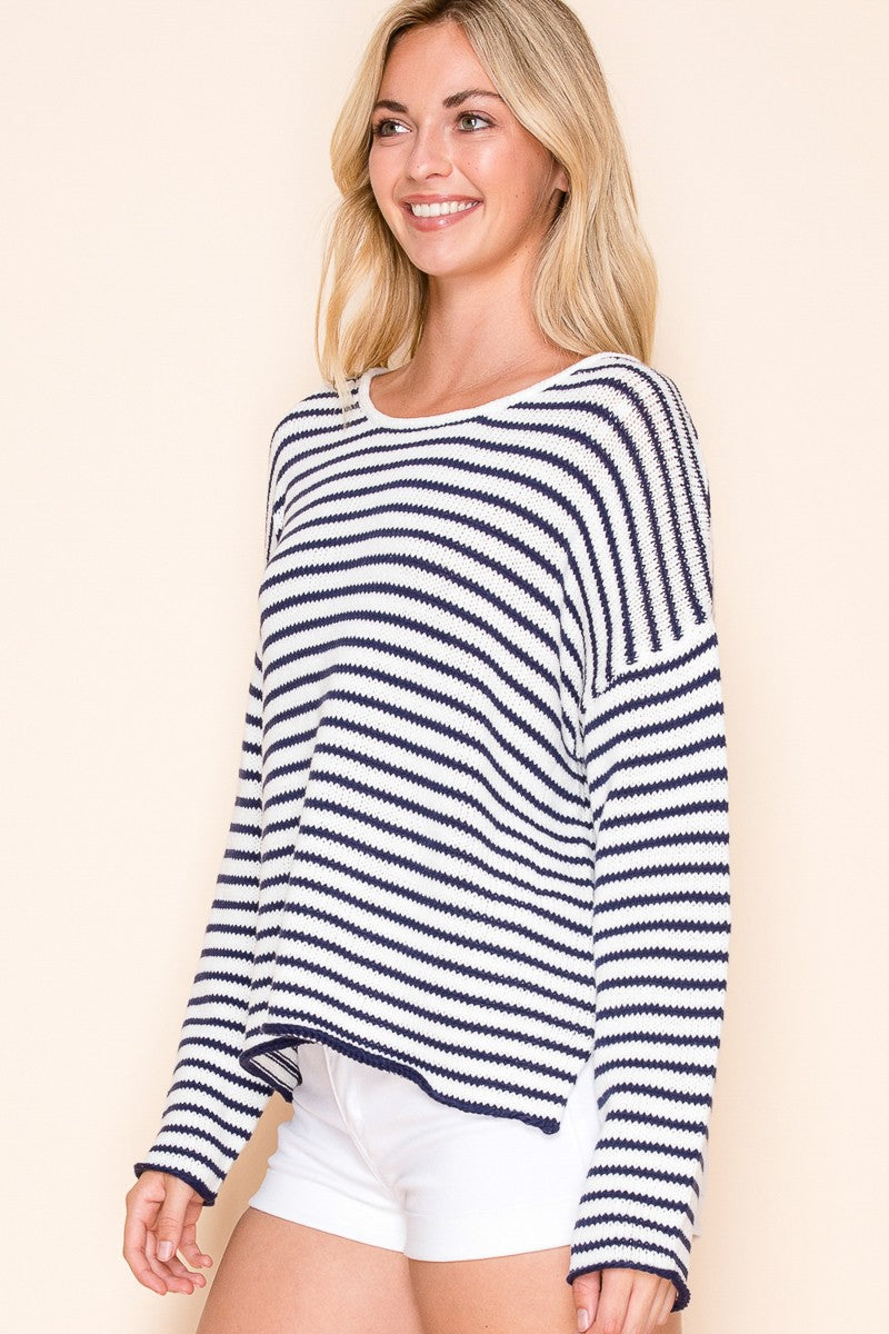 STRIPED ROUND NECK SWEATER - WHITE/NAVY