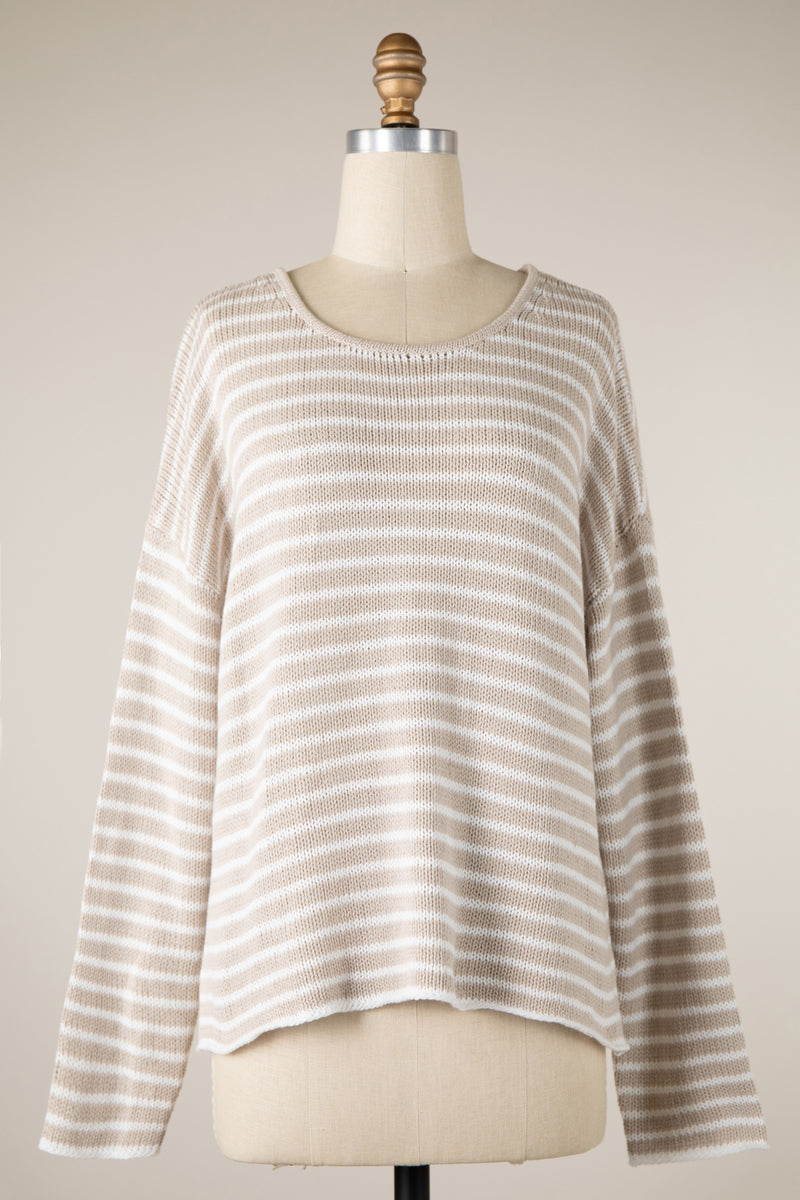 STRIPED ROUND NECK SWEATER - BEIGE/IVORY