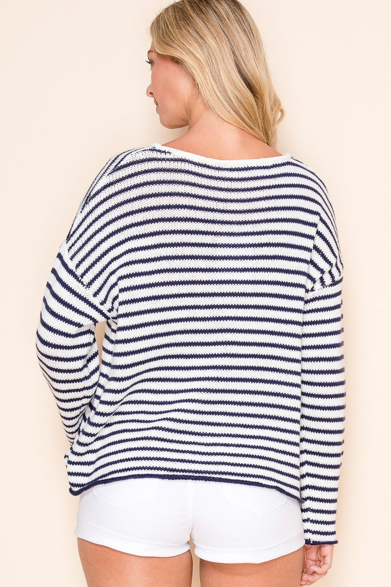STRIPED ROUND NECK SWEATER - WHITE/NAVY