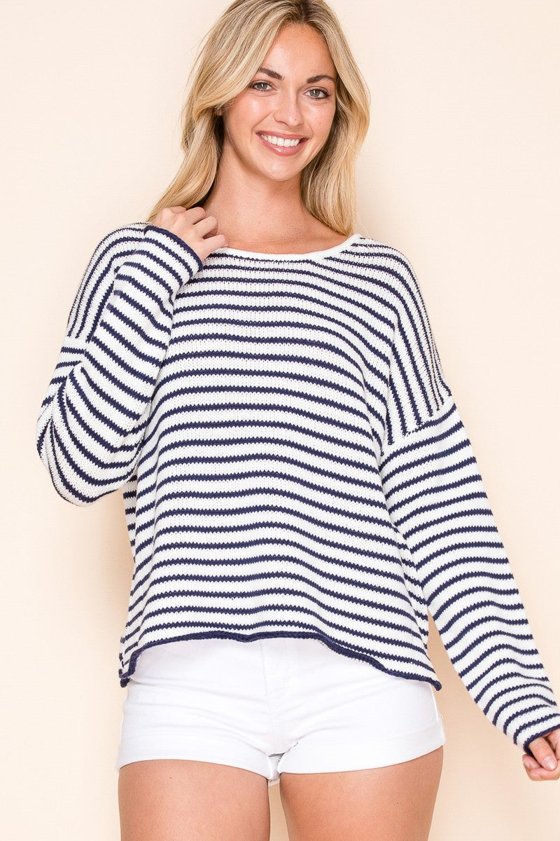 STRIPED ROUND NECK SWEATER - WHITE/NAVY