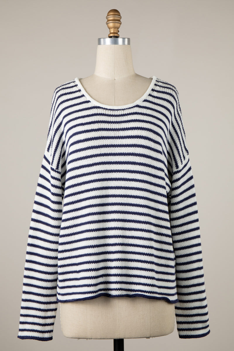 STRIPED ROUND NECK SWEATER - WHITE/NAVY