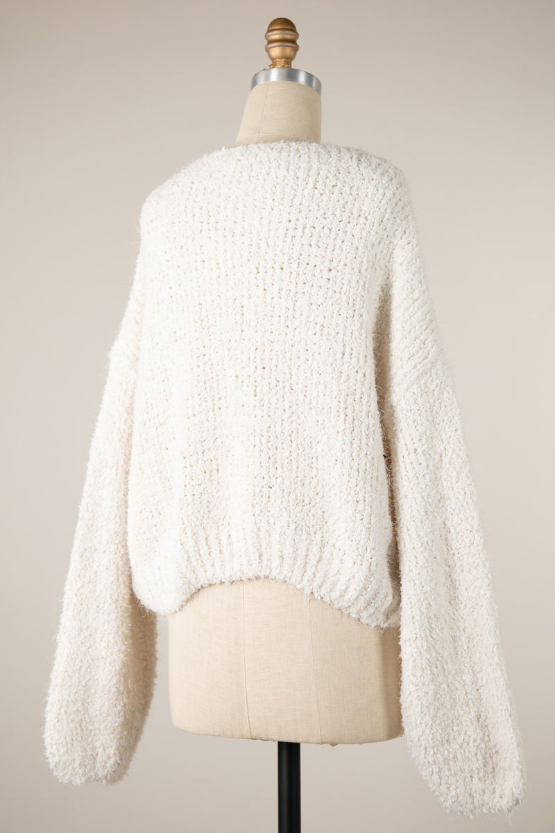 FLUFFY V-NECK CROPPED SWEATER - IVORY