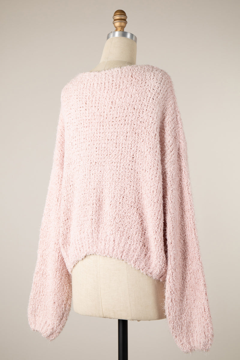 FLUFFY V-NECK CROPPED SWEATER - PINK