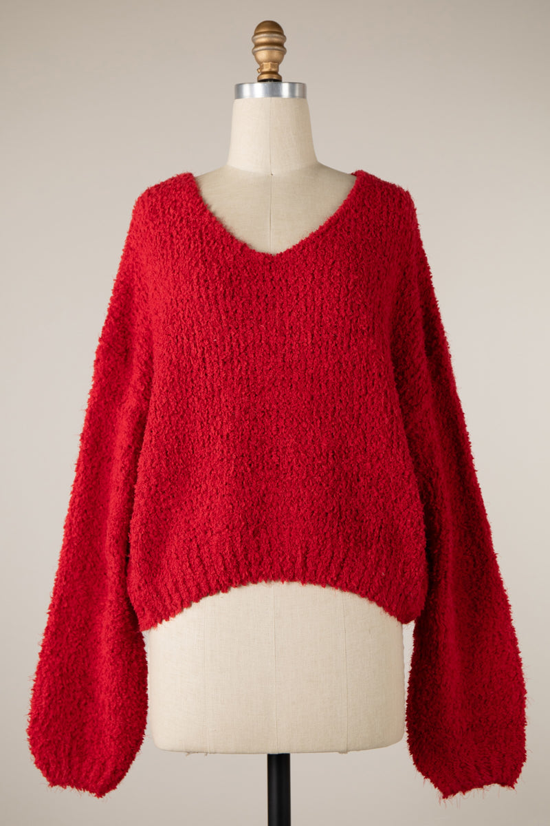 FLUFFY V-NECK CROPPED SWEATER - RED