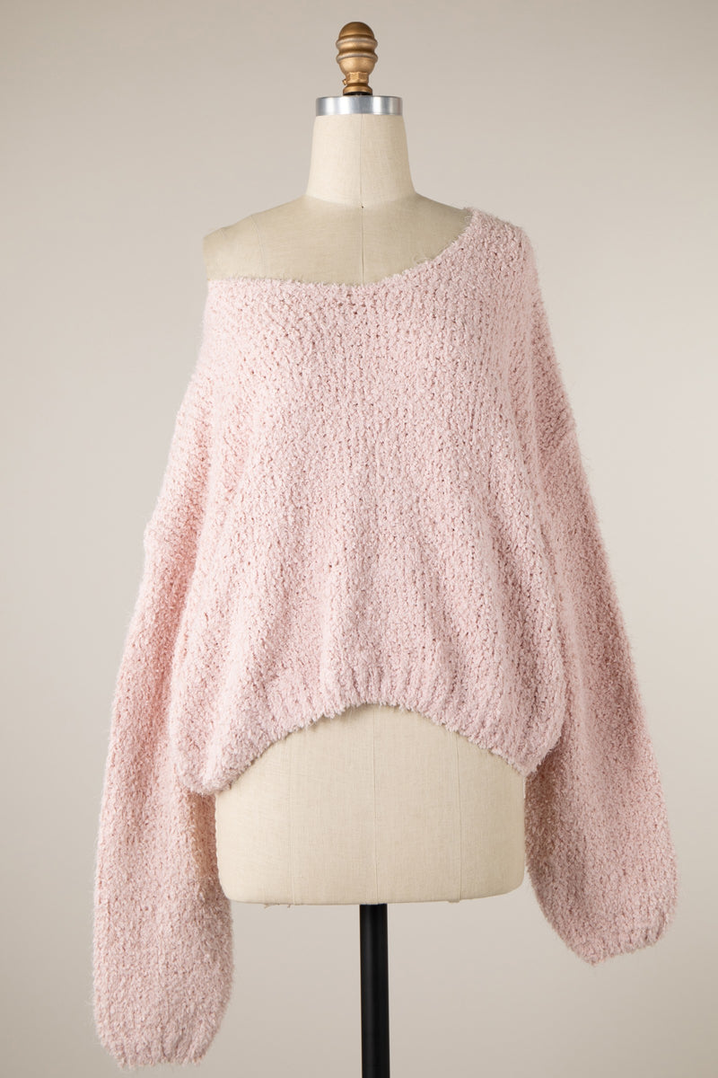 FLUFFY V-NECK CROPPED SWEATER - PINK