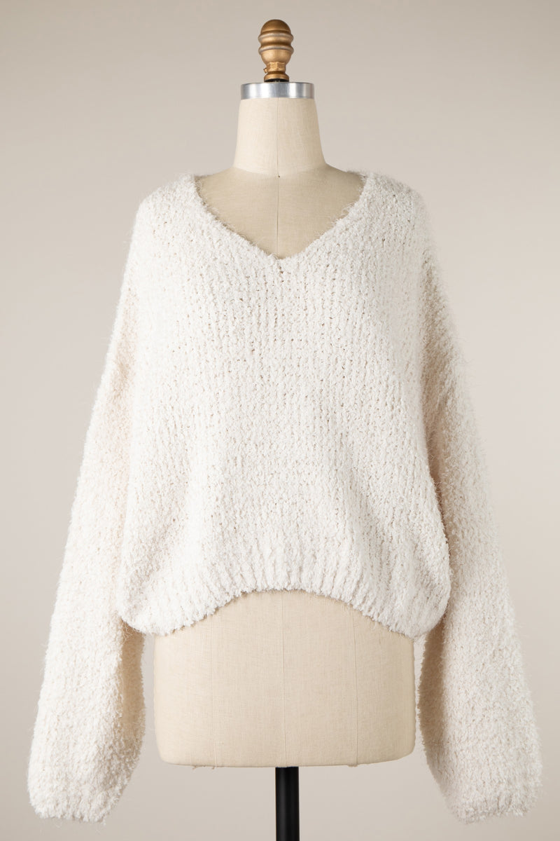 FLUFFY V-NECK CROPPED SWEATER - IVORY