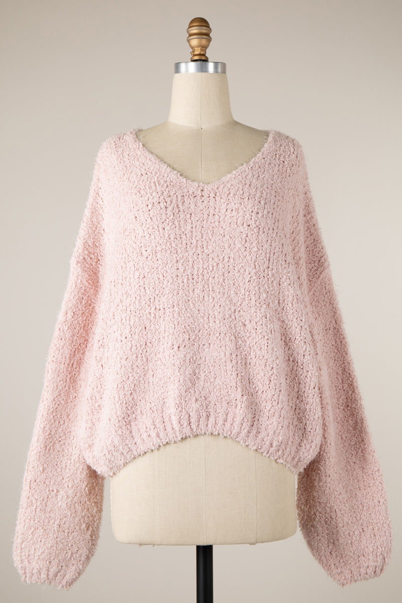 FLUFFY V-NECK CROPPED SWEATER - PINK