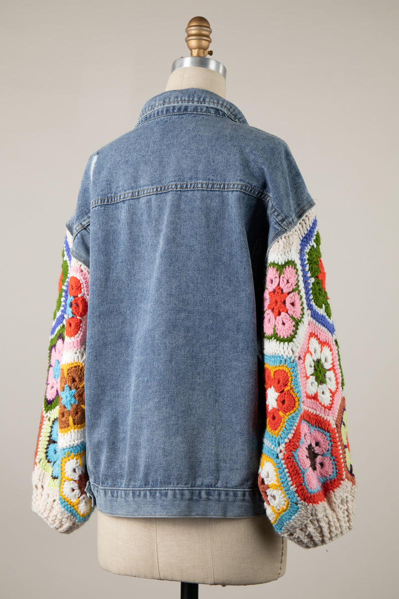 CROCHET SLEEVE DENIM JACKET - BEIGE MULTI